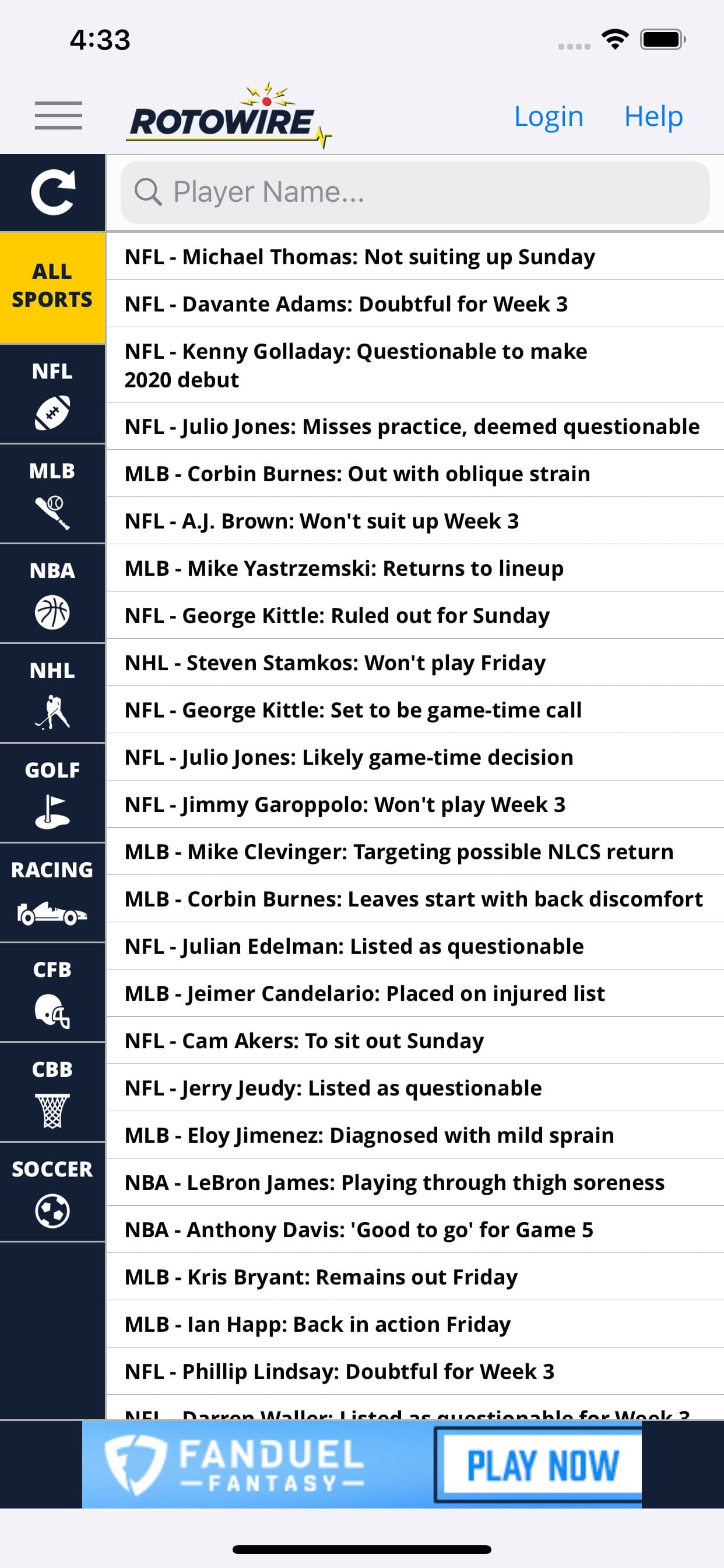 RotoWire Fantasy News Center screenshot 1 - screenshot