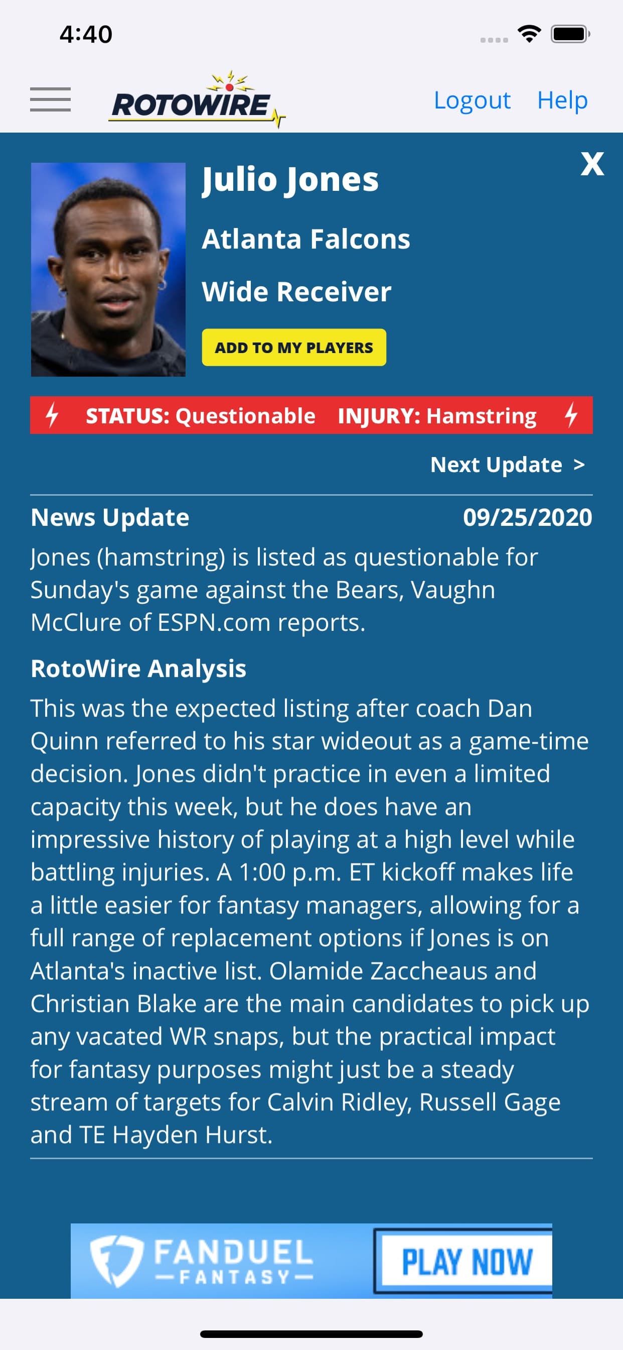 RotoWire Fantasy News Center screenshot 2 - screenshot